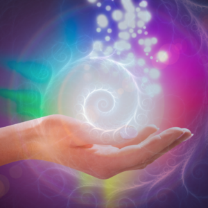 Cupped hands with energy field radiating outward and upward