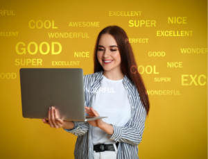 Pretty young lady holding a laptop, with the words 