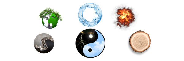 The yin and yang symbol surrounded by metal, earth, water, fire and wood