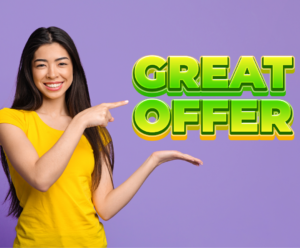 A lovely young lady with dark hair and a bright yellow top pointing to a message saying 