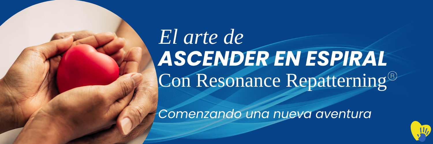 Dos manos sostienen suavemente un corazón rojo sobre un fondo azul con ondas ondulantes. El texto dice: The art of SPIRALING UP With Resonance Repatterning® - Starting a new adventure». En la esquina inferior derecha aparece un logotipo amarillo con una mano.