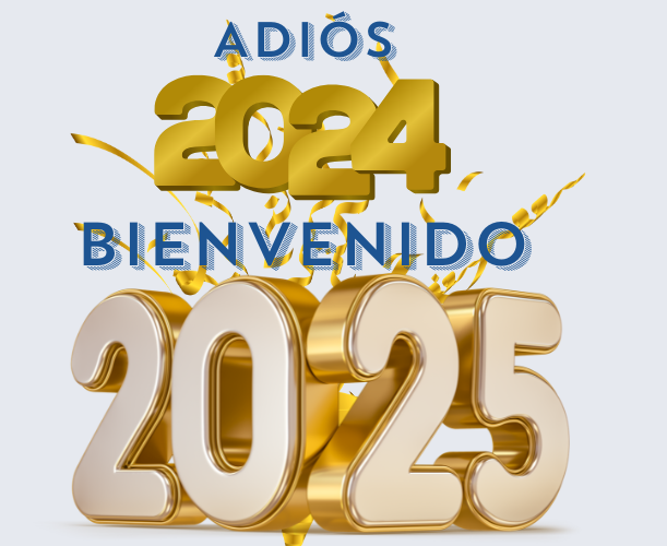 Imagen festiva con el texto en dorado y azul «Adiós 2024» sobre los números dorados «2024» y «Bienvenido 2025» sobre los números dorados «2025». Las salpicaduras decorativas doradas añaden un toque festivo y vibrante para marcar la transición al nuevo año.