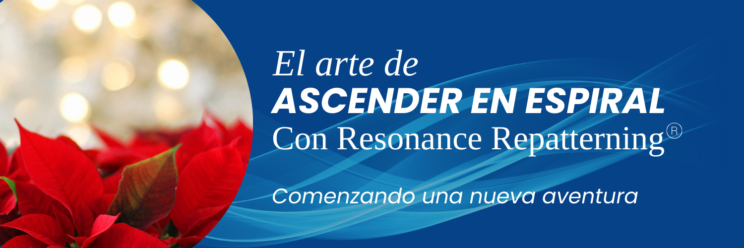 Imagen festiva con flores de Pascua rojas y brillantes en primer plano y luces doradas difuminadas en el fondo. A la derecha, un fondo azul muestra el texto: «The art of SPIRALING UP With Resonance Repatterning® - Starting a new adventure» (El arte de ESPIRALIZAR con Resonance Repatterning® - Empezar una nueva aventura), con diseños ondulantes azules que simbolizan el movimiento y el crecimiento.