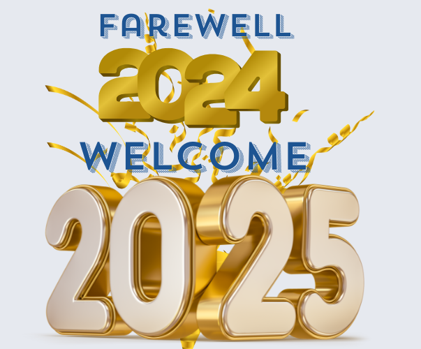 Festive image with gold and blue text reading 'Farewell 2024' above bold golden numbers '2024,' and 'Welcome 2025' above larger golden numbers '2025.' Gold decorative splashes add a celebratory and vibrant touch to mark the transition to the new year.