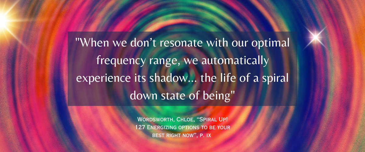 A vibrant, multicolored spiral pattern radiating outward, with shades of pink, purple, blue, green, and orange. In the center, a text overlay reads: "When we don’t resonate with our optimal frequency range, we automatically experience its shadow… the life of a spiral down state of being." Below the quote, the attribution is given: "Wordsworth, Chloe, 'Spiral Up! 127 Energizing options to be your best right now,' p. ix." Two bright star-like light effects shine on the left and right sides, adding a glowing effect.