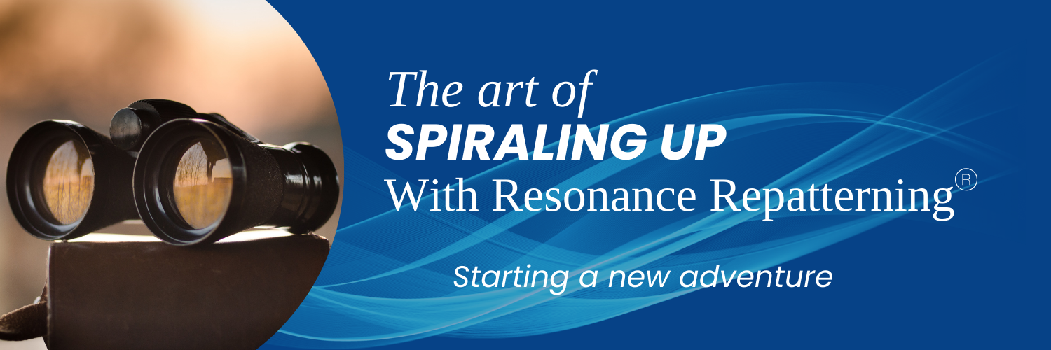 A banner featuring binoculars on the left side, with a blurred natural background suggesting exploration and focus. On the right, a bold blue background with flowing wave-like patterns carries the text: "The art of Spiraling Up With Resonance Repatterning® - Starting a new adventure." The design conveys a sense of growth, discovery, and new beginnings.