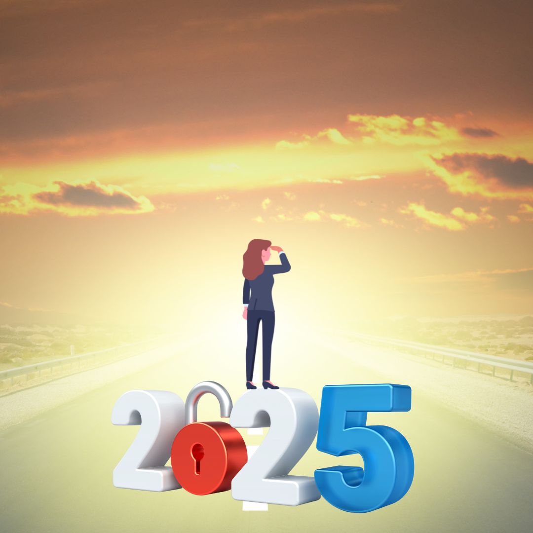 An illustration of a woman in a business suit standing on the number "2025," which is large and three-dimensional. The "0" in "2025" features a red padlock with an open shackle, symbolizing unlocking potential or opportunities. The background shows an open road under a glowing, golden sunset sky, representing a journey or looking forward to the future. The woman is shading her eyes as if gazing ahead, signifying anticipation or vision for 2025.